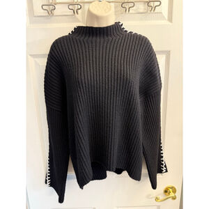 Vince Camuto Black Ribbed Turtleneck Sweater w/whipstitch trim on sleeves SZ M